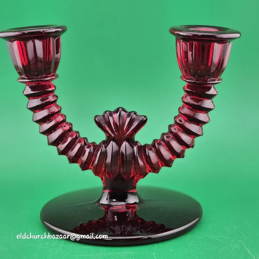 Set of 2 Paden City Ruby Red Glass Crows Foot Round Double Candle Holders